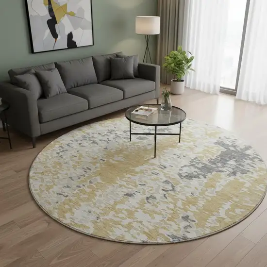8' Gold Ivory And Gray Abstract Washable Round Rug With UV Protection Photo 2