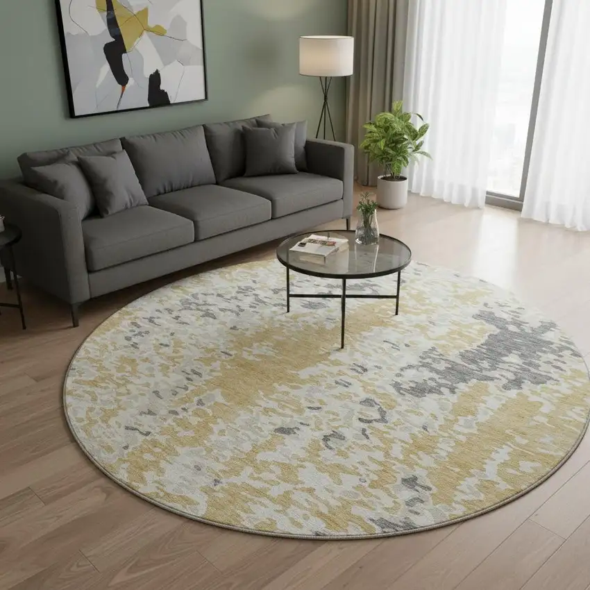 8' Gold Ivory And Gray Abstract Washable Round Rug With UV Protection Photo 2