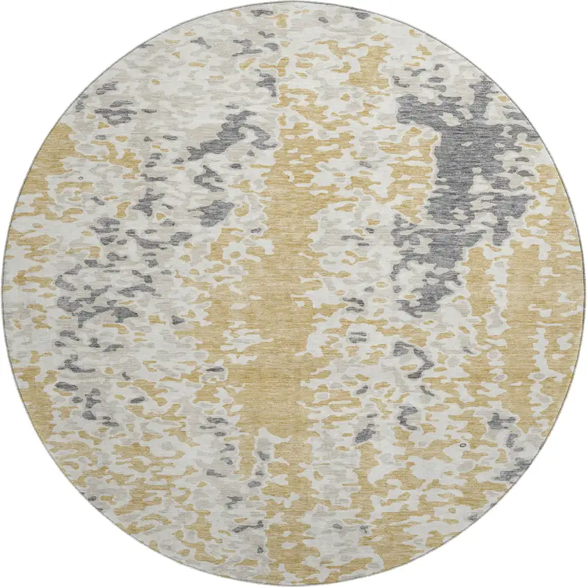 8' Gold Ivory And Gray Abstract Washable Round Rug With UV Protection Photo 1