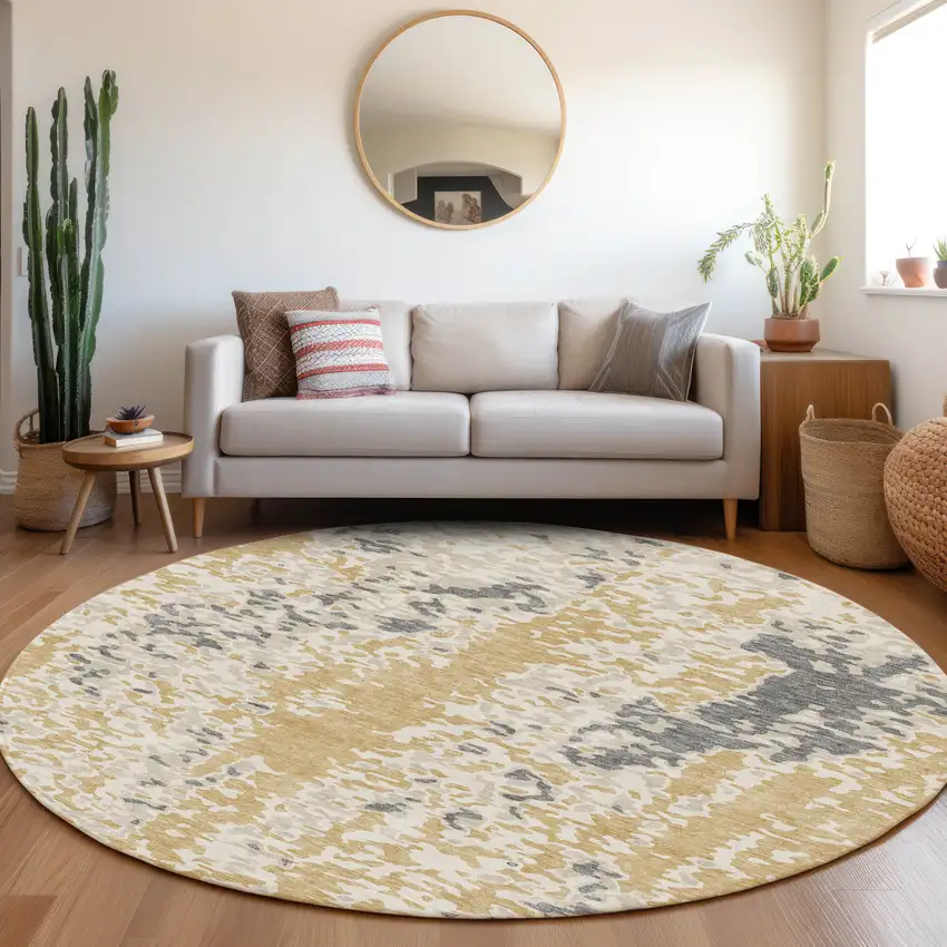 8' Gold Ivory And Gray Abstract Washable Round Rug With UV Protection Photo 4