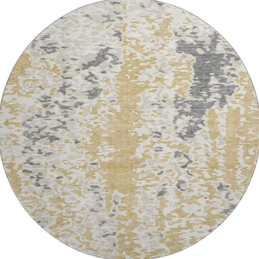 8' Gold Ivory And Gray Abstract Washable Round Rug With UV Protection Photo 3
