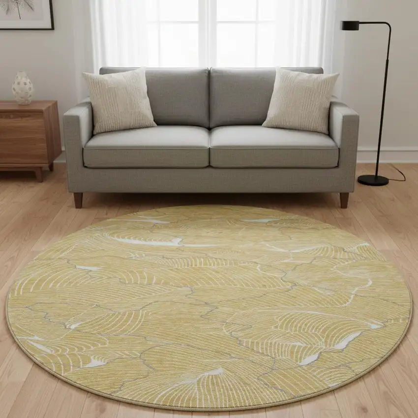 8' Gold Ivory And Gray Abstract Washable Round Rug With UV Protection Photo 2