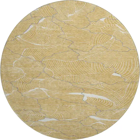 8' Gold Ivory And Gray Abstract Washable Round Rug With UV Protection Photo 1
