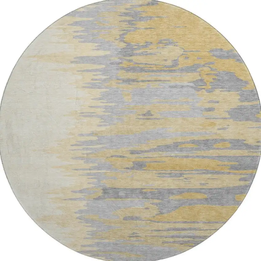 8' Gold Ivory And Gray Abstract Washable Round Rug With UV Protection Photo 3