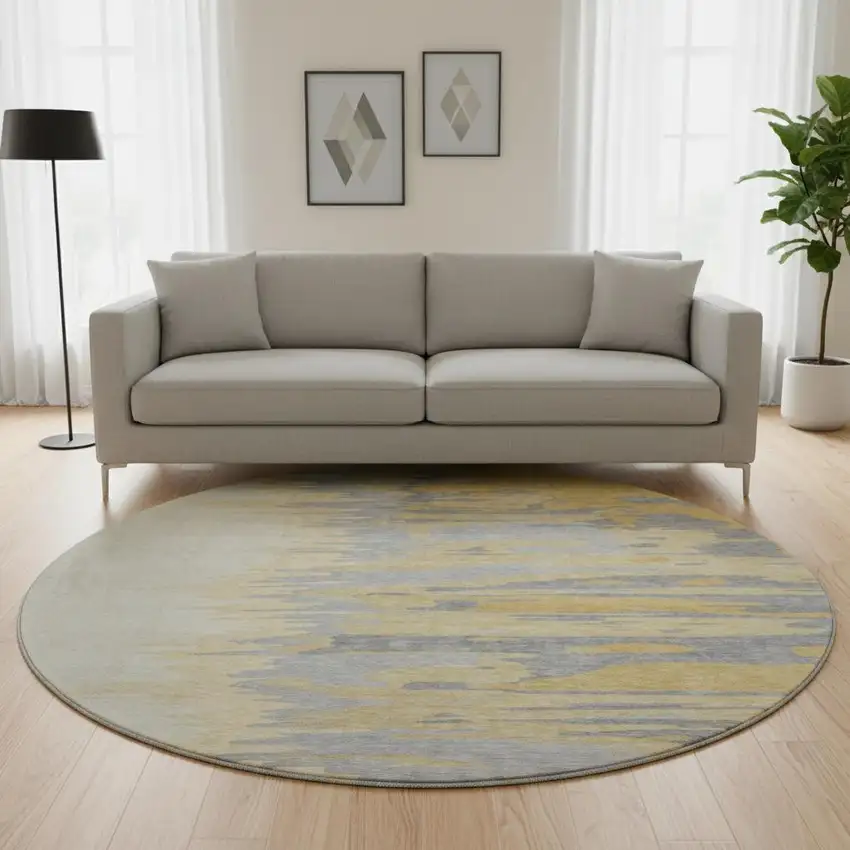 8' Gold Ivory And Gray Abstract Washable Round Rug With UV Protection Photo 2