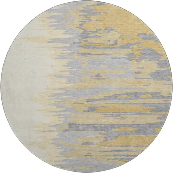 8' Gold Ivory And Gray Abstract Washable Round Rug With UV Protection Photo 1