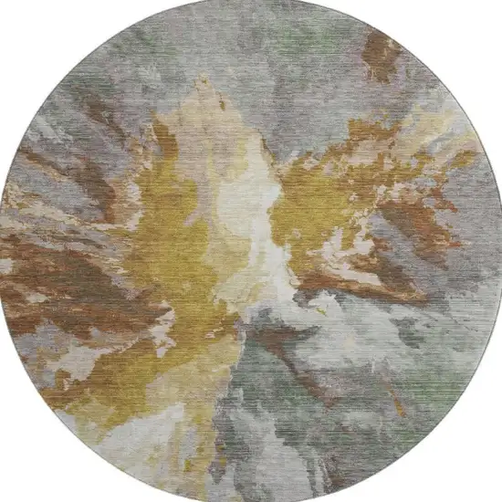 8' Gold Ivory And Gray Abstract Washable Round Rug With UV Protection Photo 3