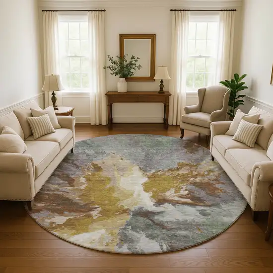 8' Gold Ivory And Gray Abstract Washable Round Rug With UV Protection Photo 4