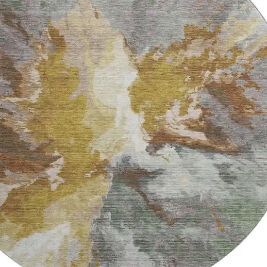 8' Gold Ivory And Gray Abstract Washable Round Rug With UV Protection Photo 2
