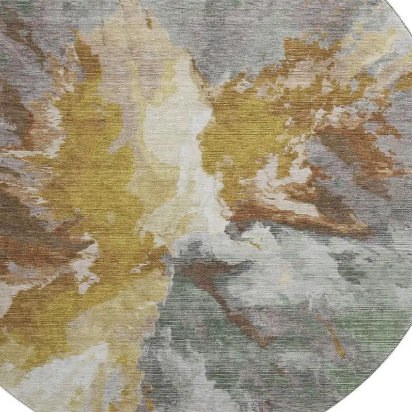 8' Gold Ivory And Gray Abstract Washable Round Rug With UV Protection Photo 2