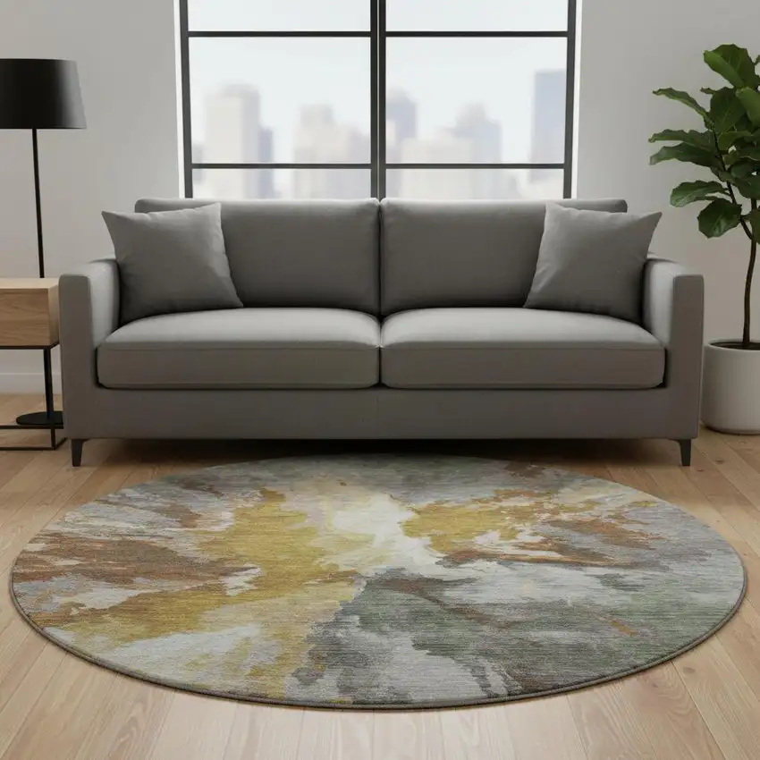 8' Gold Ivory And Gray Abstract Washable Round Rug With UV Protection Photo 2