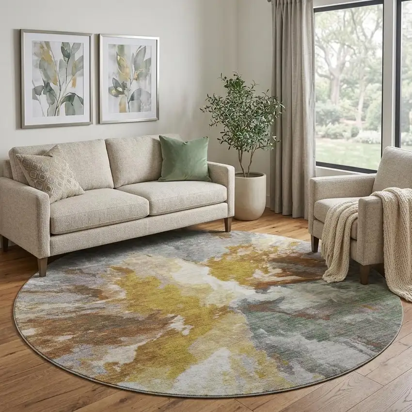 8' Gold Ivory And Gray Abstract Washable Round Rug With UV Protection Photo 1