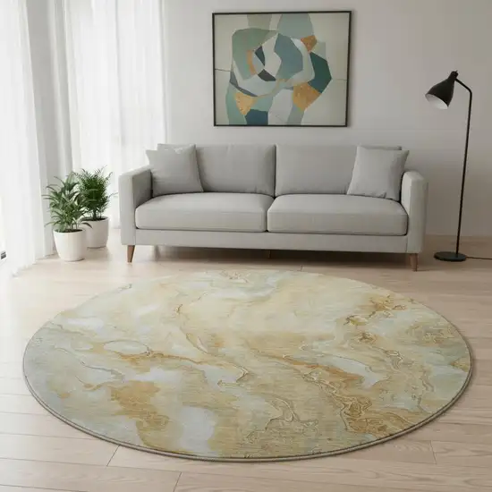 8' Gold Ivory And Gray Abstract Washable Round Rug With UV Protection Photo 2
