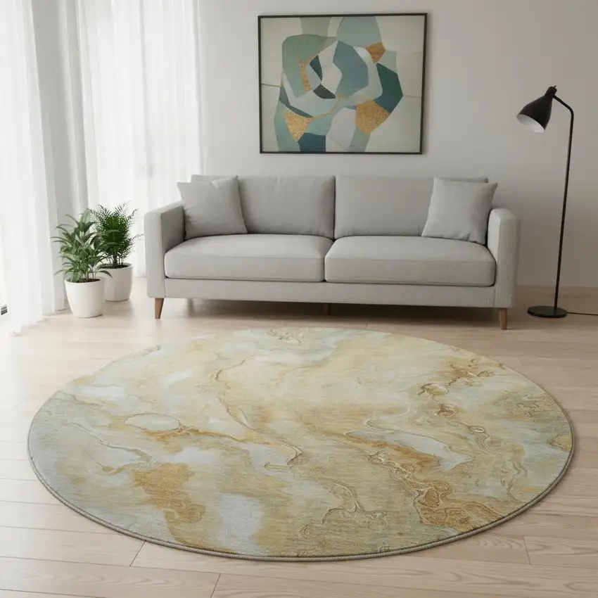 8' Gold Ivory And Gray Abstract Washable Round Rug With UV Protection Photo 2