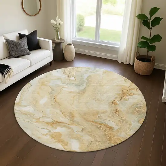 8' Gold Ivory And Gray Abstract Washable Round Rug With UV Protection Photo 4