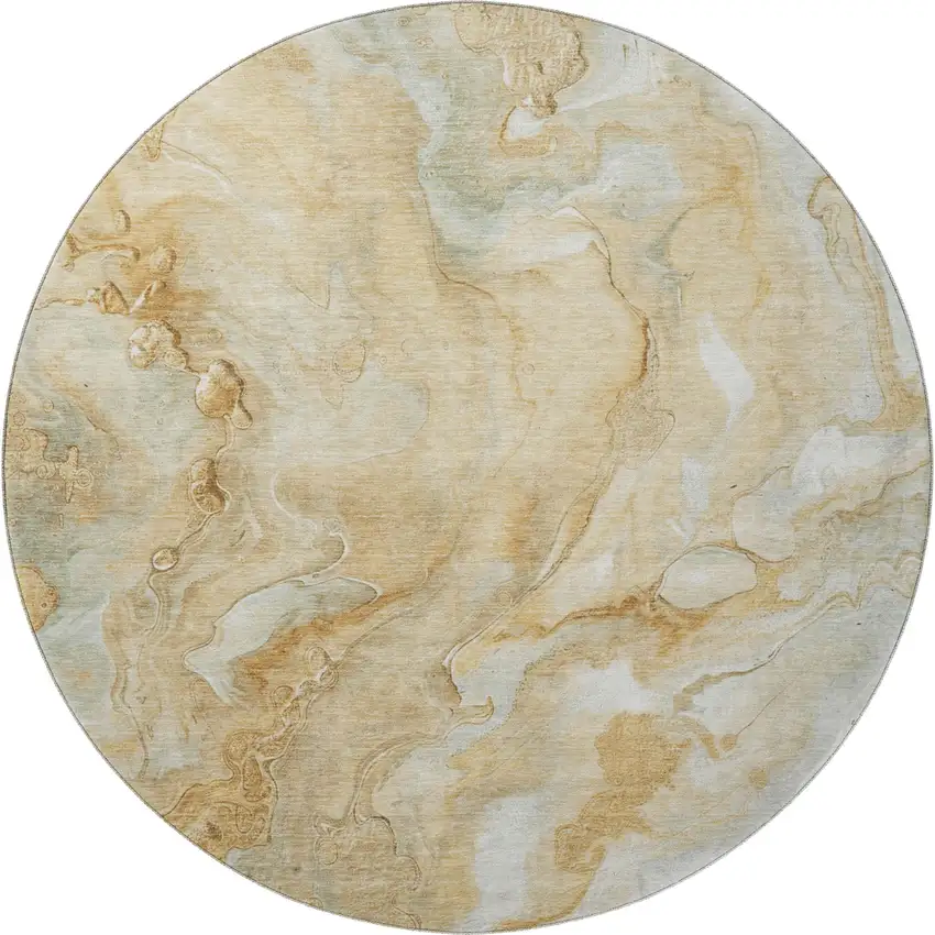 8' Gold Ivory And Gray Abstract Washable Round Rug With UV Protection Photo 3