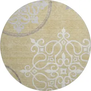 Photo of 8' Gold Ivory And Gray Floral Medallion Washable Round Rug With UV Protection