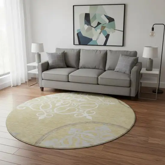 8' Gold Ivory And Gray Floral Medallion Washable Round Rug With UV Protection Photo 2