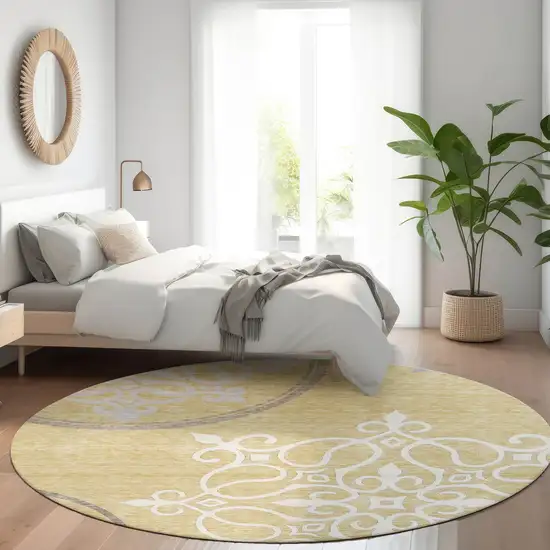 8' Gold Ivory And Gray Floral Medallion Washable Round Rug With UV Protection Photo 5