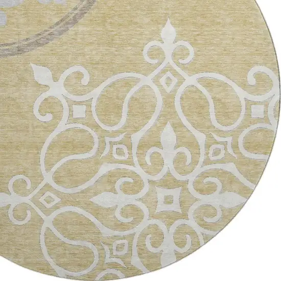 8' Gold Ivory And Gray Floral Medallion Washable Round Rug With UV Protection Photo 3