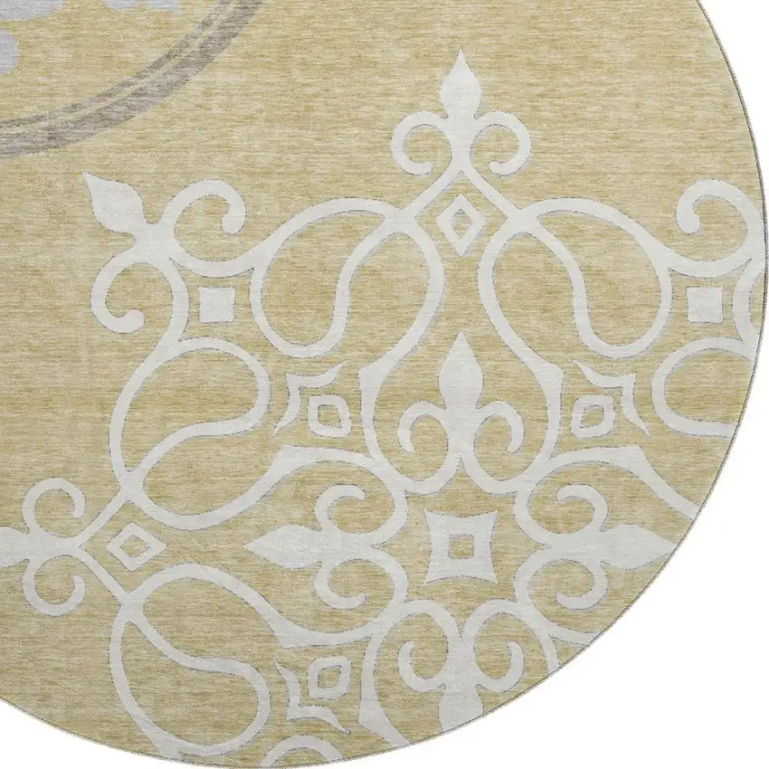 8' Gold Ivory And Gray Floral Medallion Washable Round Rug With UV Protection Photo 3