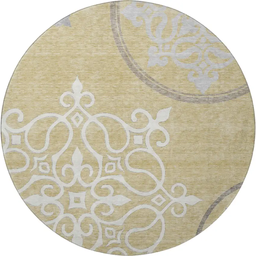 8' Gold Ivory And Gray Floral Medallion Washable Round Rug With UV Protection Photo 4