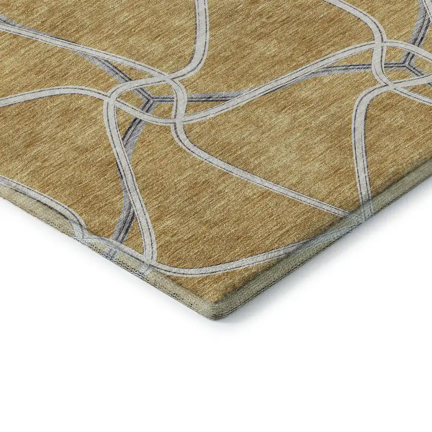 8' Gold Ivory And Gray Geometric Washable Round Rug With UV Protection Photo 6