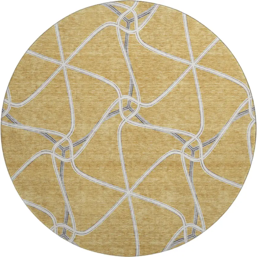 8' Gold Ivory And Gray Geometric Washable Round Rug With UV Protection Photo 1