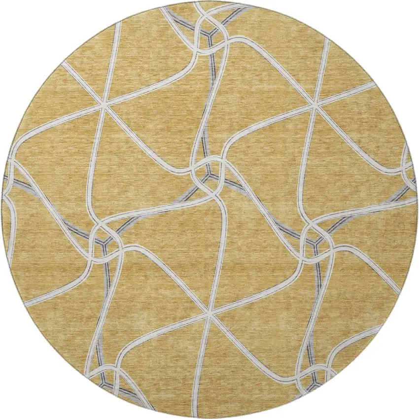 8' Gold Ivory And Gray Geometric Washable Round Rug With UV Protection Photo 3