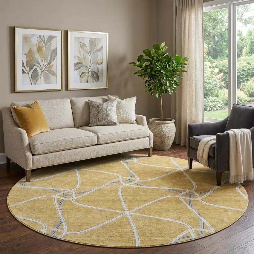 8' Gold Ivory And Gray Geometric Washable Round Rug With UV Protection Photo 1