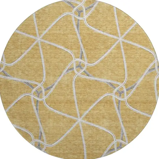 8' Gold Ivory And Gray Geometric Washable Round Rug With UV Protection Photo 2