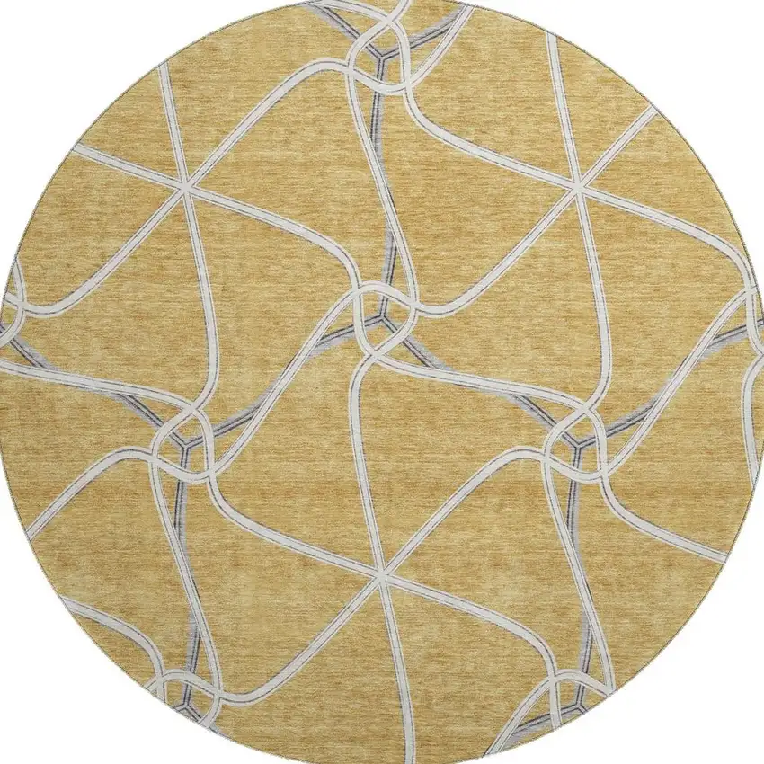 8' Gold Ivory And Gray Geometric Washable Round Rug With UV Protection Photo 2