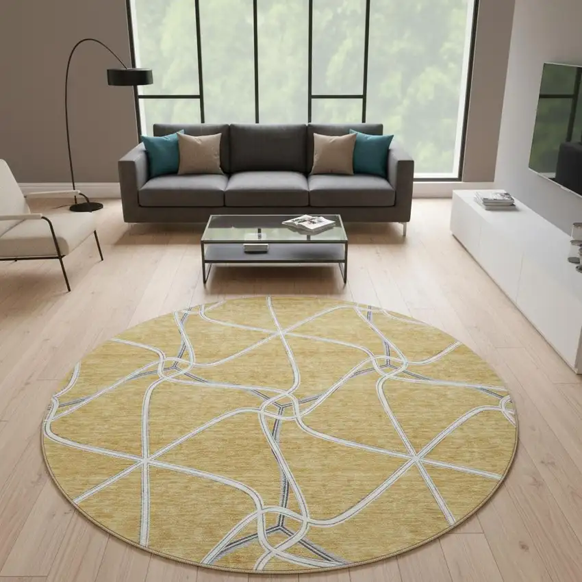 8' Gold Ivory And Gray Geometric Washable Round Rug With UV Protection Photo 2