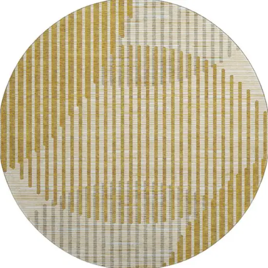 8' Gold Ivory And Gray Geometric Washable Round Rug With UV Protection Photo 3