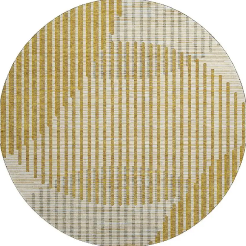 8' Gold Ivory And Gray Geometric Washable Round Rug With UV Protection Photo 3