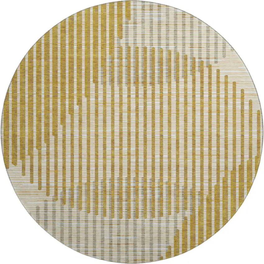 8' Gold Ivory And Gray Geometric Washable Round Rug With UV Protection Photo 1