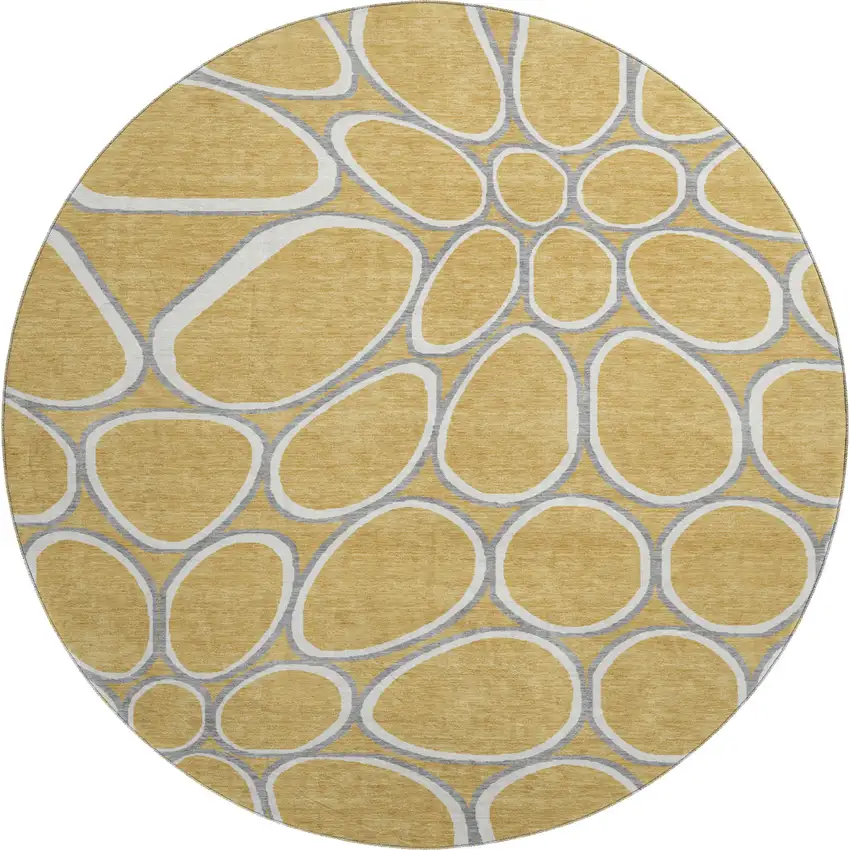 8' Gold Ivory And Gray Geometric Washable Round Rug With UV Protection Photo 1