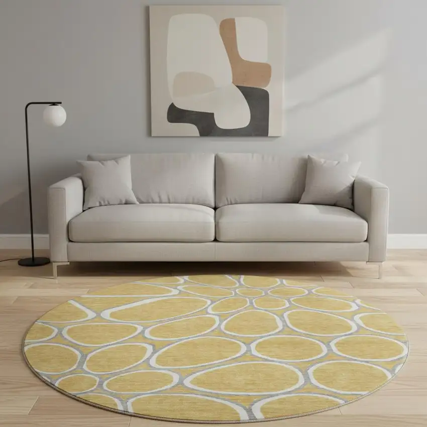 8' Gold Ivory And Gray Geometric Washable Round Rug With UV Protection Photo 2
