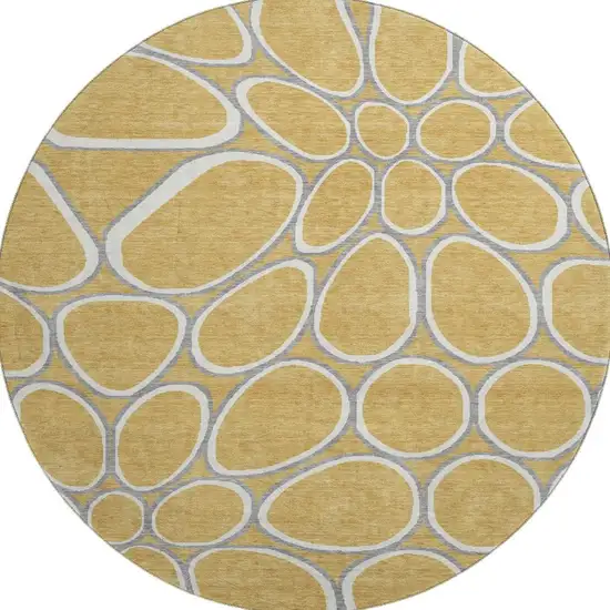 8' Gold Ivory And Gray Geometric Washable Round Rug With UV Protection Photo 3