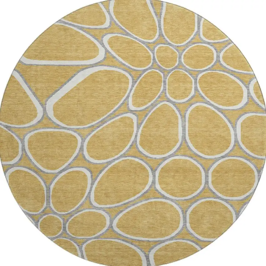 8' Gold Ivory And Gray Geometric Washable Round Rug With UV Protection Photo 3