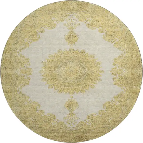 8' Gold Ivory And Gray Oriental Washable Round Rug With UV Protection Photo 1
