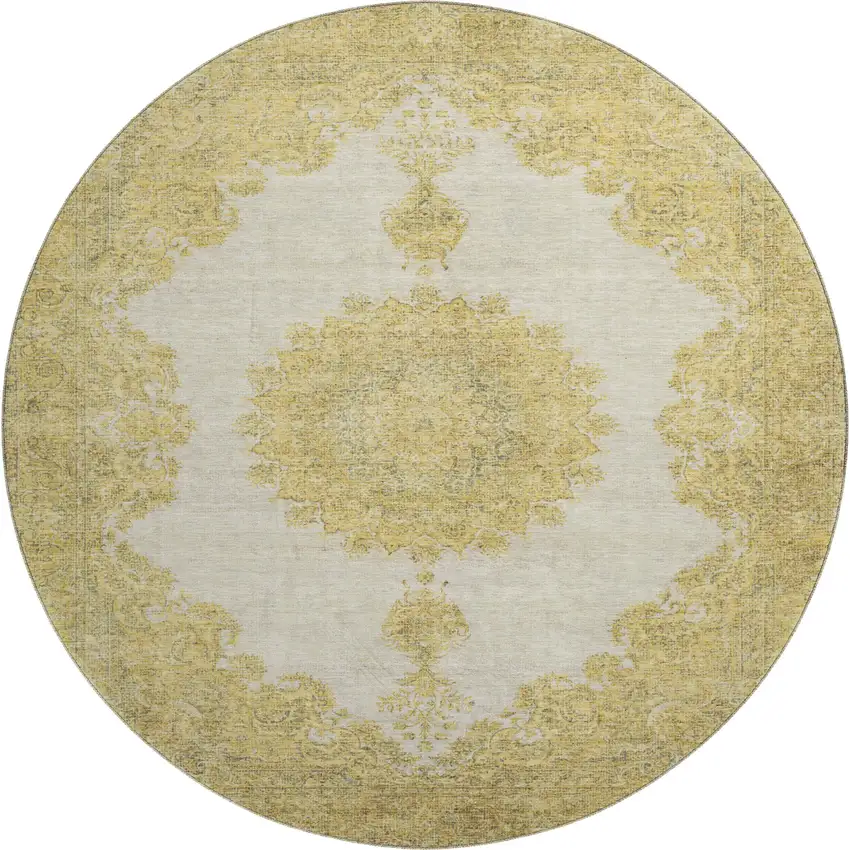 8' Gold Ivory And Gray Oriental Washable Round Rug With UV Protection Photo 1