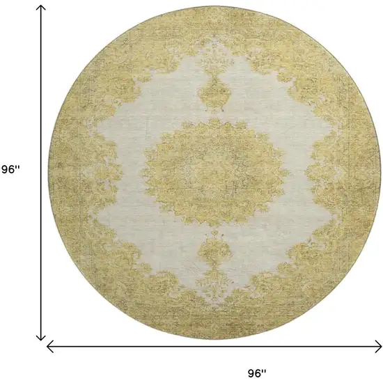 8' Gold Ivory And Gray Oriental Washable Round Rug With UV Protection Photo 9