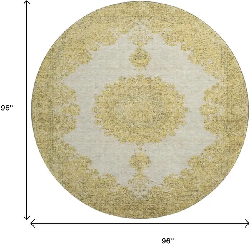 8' Gold Ivory And Gray Oriental Washable Round Rug With UV Protection Photo 9