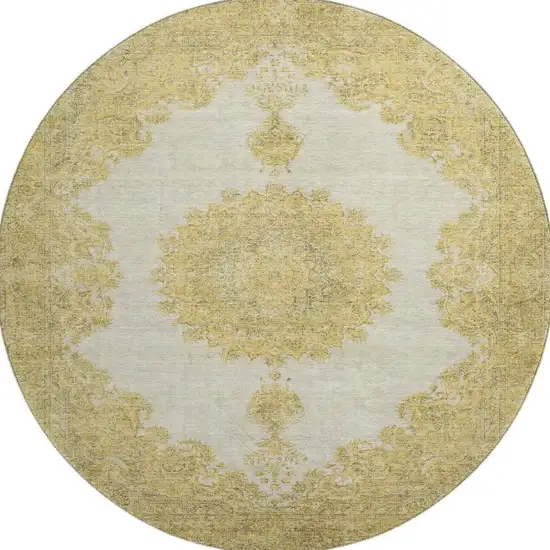 8' Gold Ivory And Gray Oriental Washable Round Rug With UV Protection Photo 3