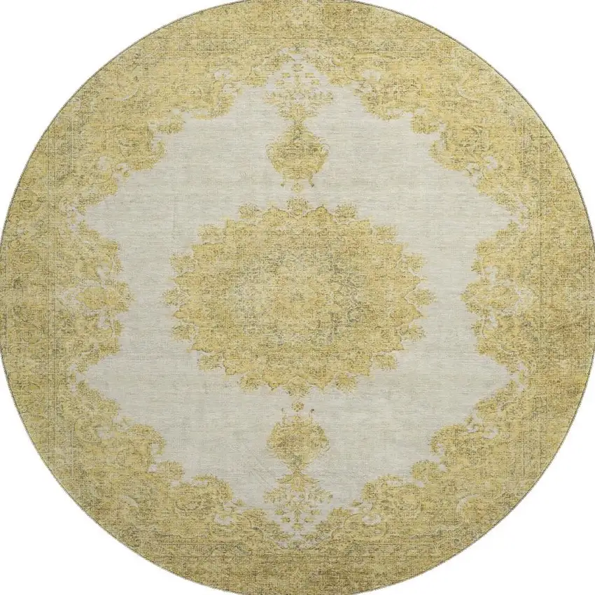 8' Gold Ivory And Gray Oriental Washable Round Rug With UV Protection Photo 3
