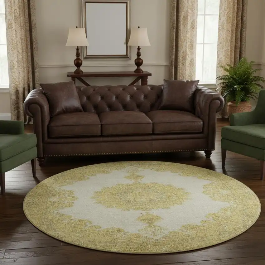 8' Gold Ivory And Gray Oriental Washable Round Rug With UV Protection Photo 2