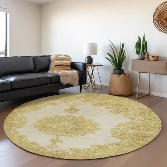 8' Gold Ivory And Gray Oriental Washable Round Rug With UV Protection Photo 4