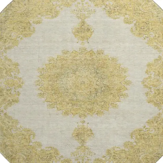 8' Gold Ivory And Gray Oriental Washable Round Rug With UV Protection Photo 2