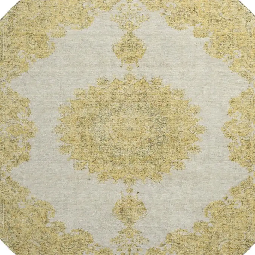 8' Gold Ivory And Gray Oriental Washable Round Rug With UV Protection Photo 2